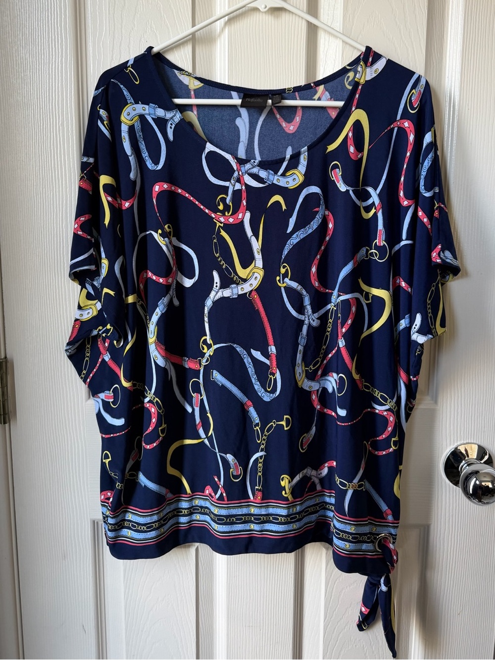 Rafaella L Equestrian Belt Chain Print Dolman Sleeve Tie Hem Blouse